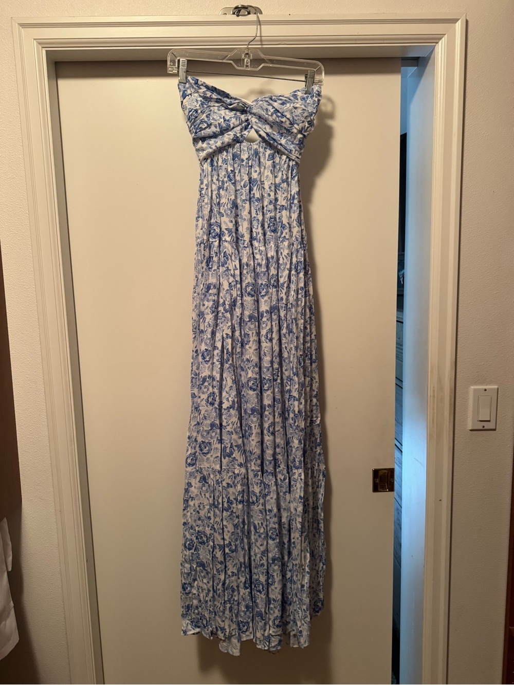 Blue and White Floral Strapless Maxi Dress with Twist Bodice